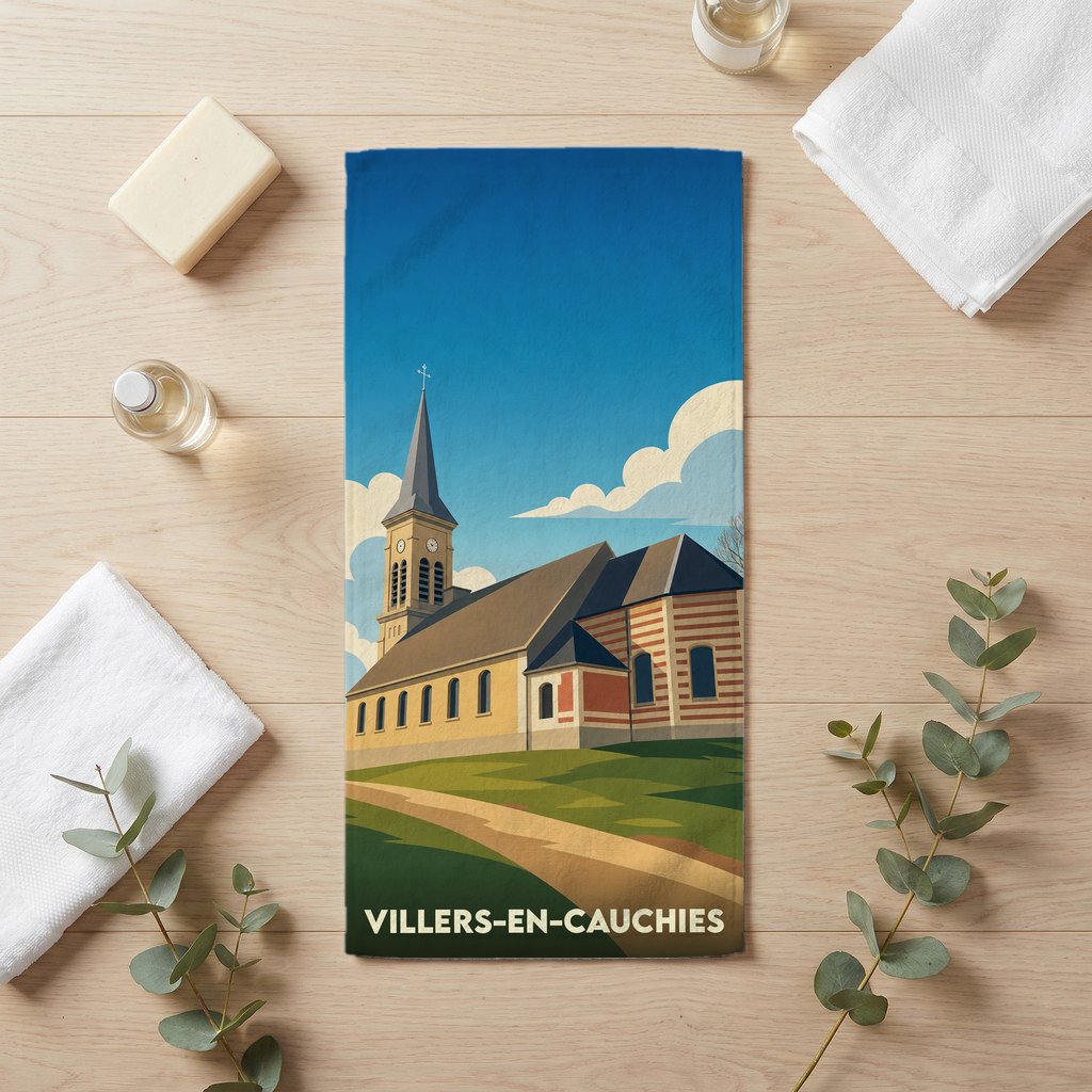 Serviette de bain souvenir de Villers-en-Cauchies avec une illustration stylisée de son église.
