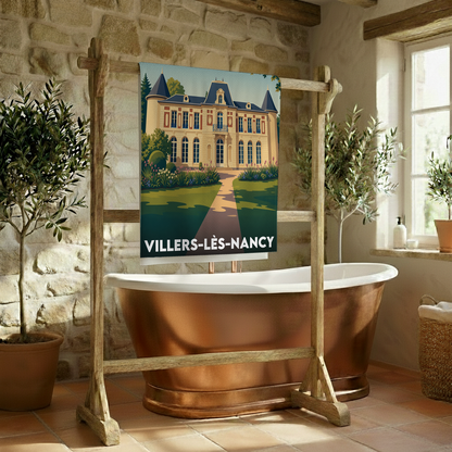Serviette de bain souvenir de la ville de Villers-lès-Nancy avec une illustration stylisée.