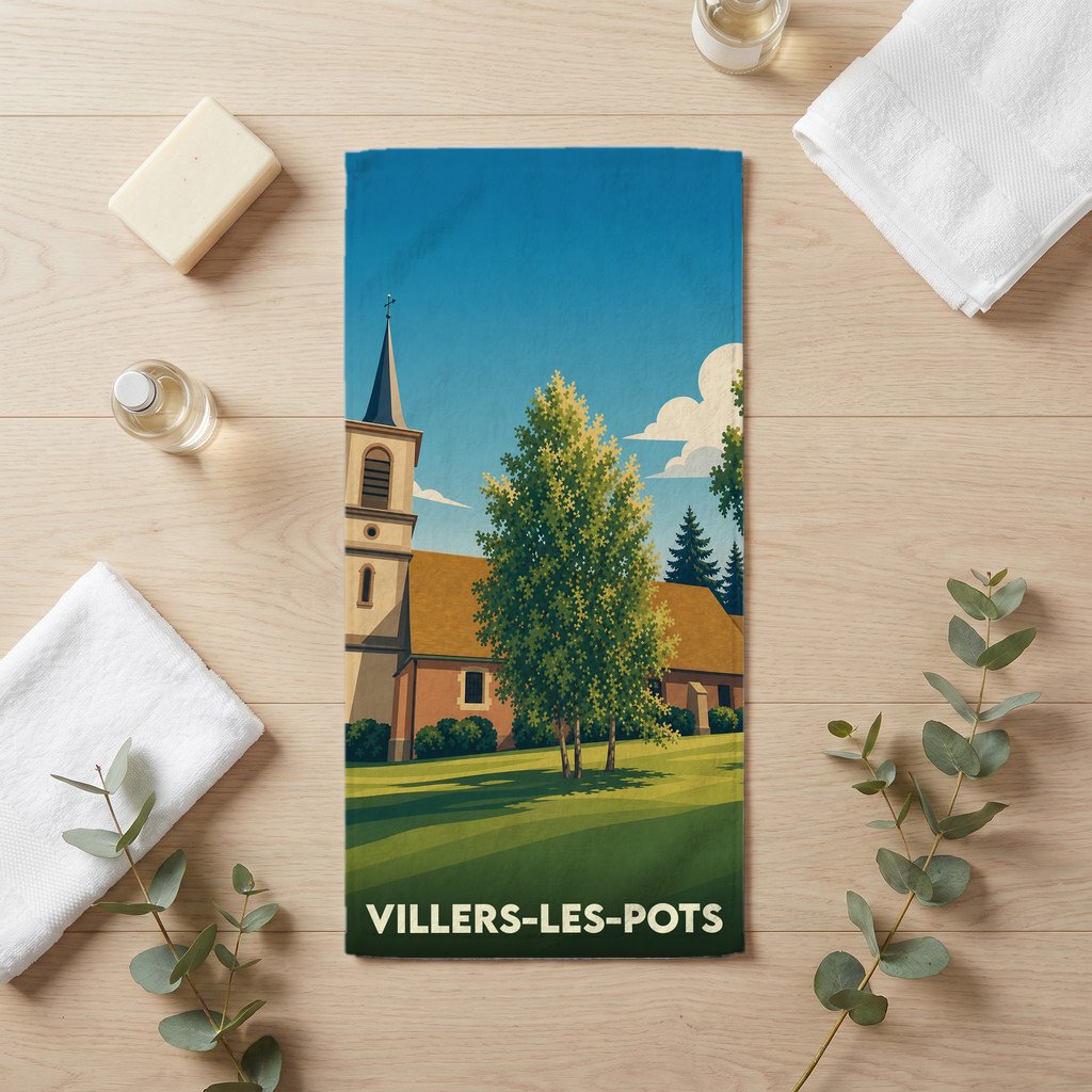 Serviette souvenir de la ville de Villers-les-Pots avec une illustration stylisée d'une église et de la nature environnante.