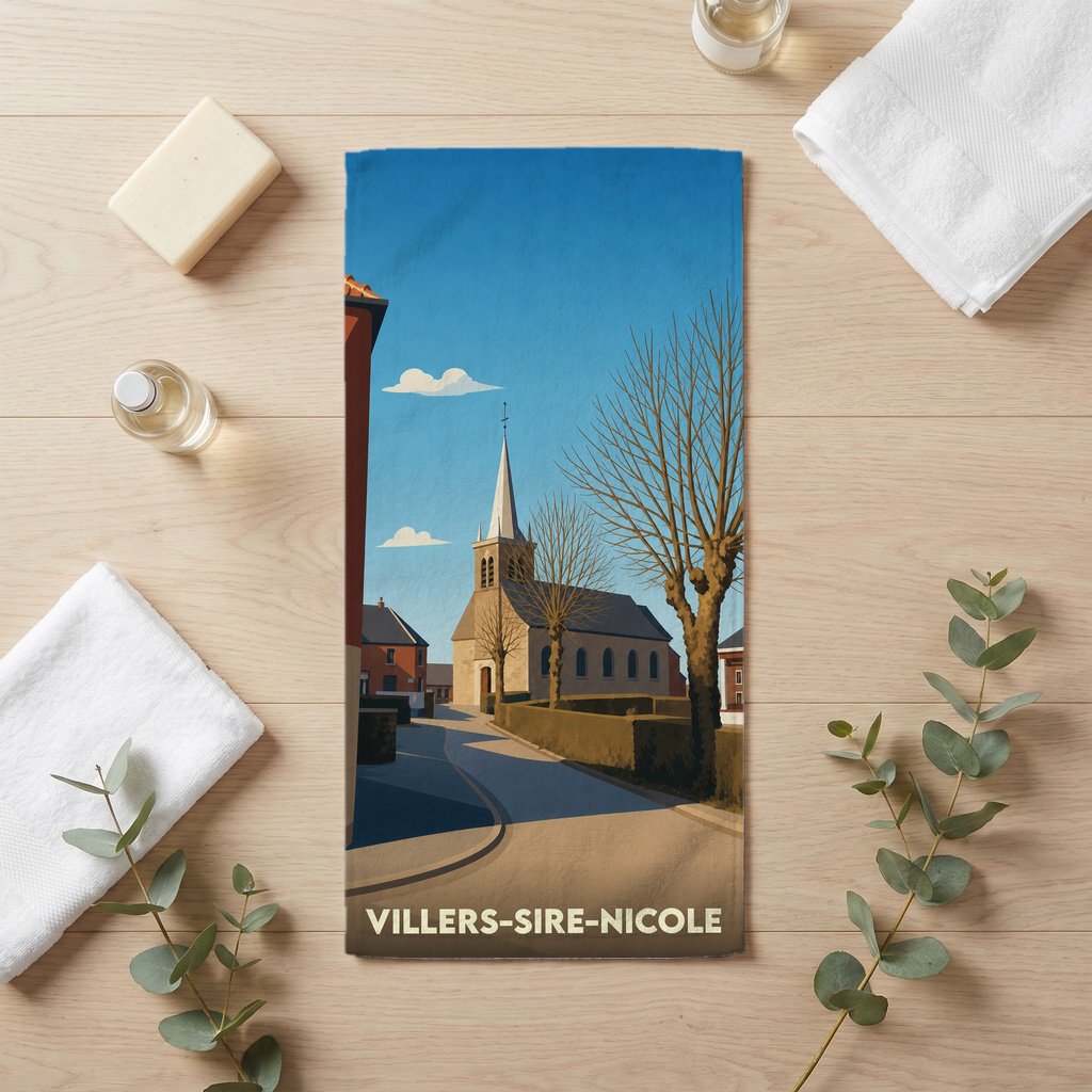 Serviette de bain souvenir de la ville de Villers-Sire-Nicole avec une illustration stylisée de son église.