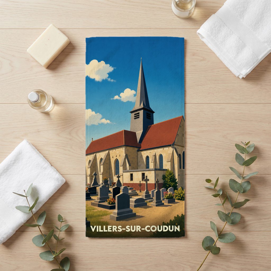 Serviette de bain souvenir de Villers-sur-Coudun illustrant son église et son cimetière dans un style rétro.