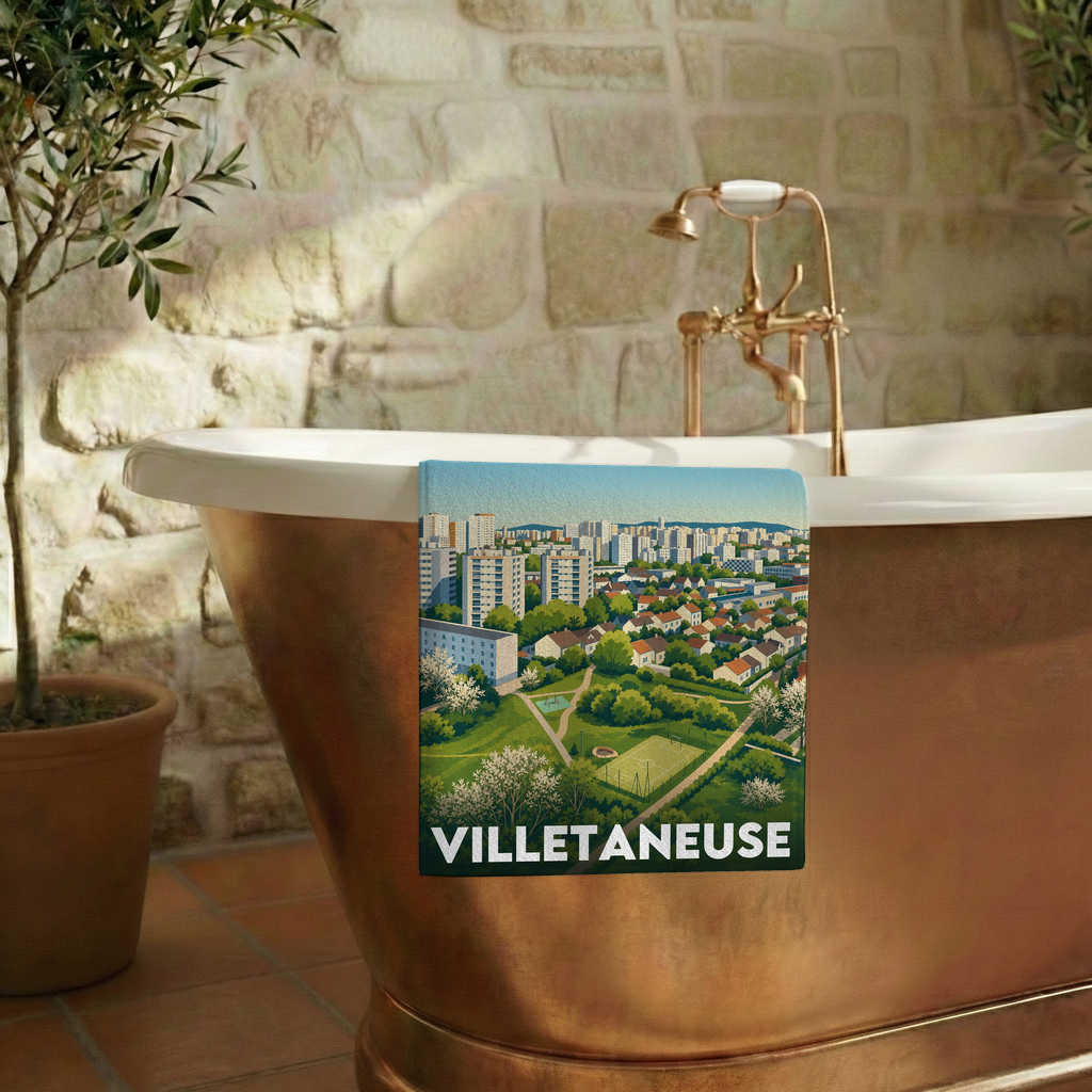 Serviette de bain souvenir de la ville de Villetaneuse avec une illustration stylisée.