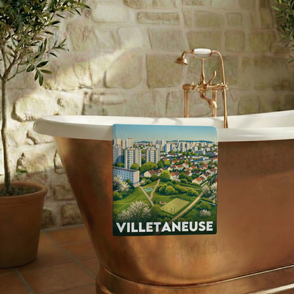 Serviette de bain souvenir de la ville de Villetaneuse avec une illustration stylisée.