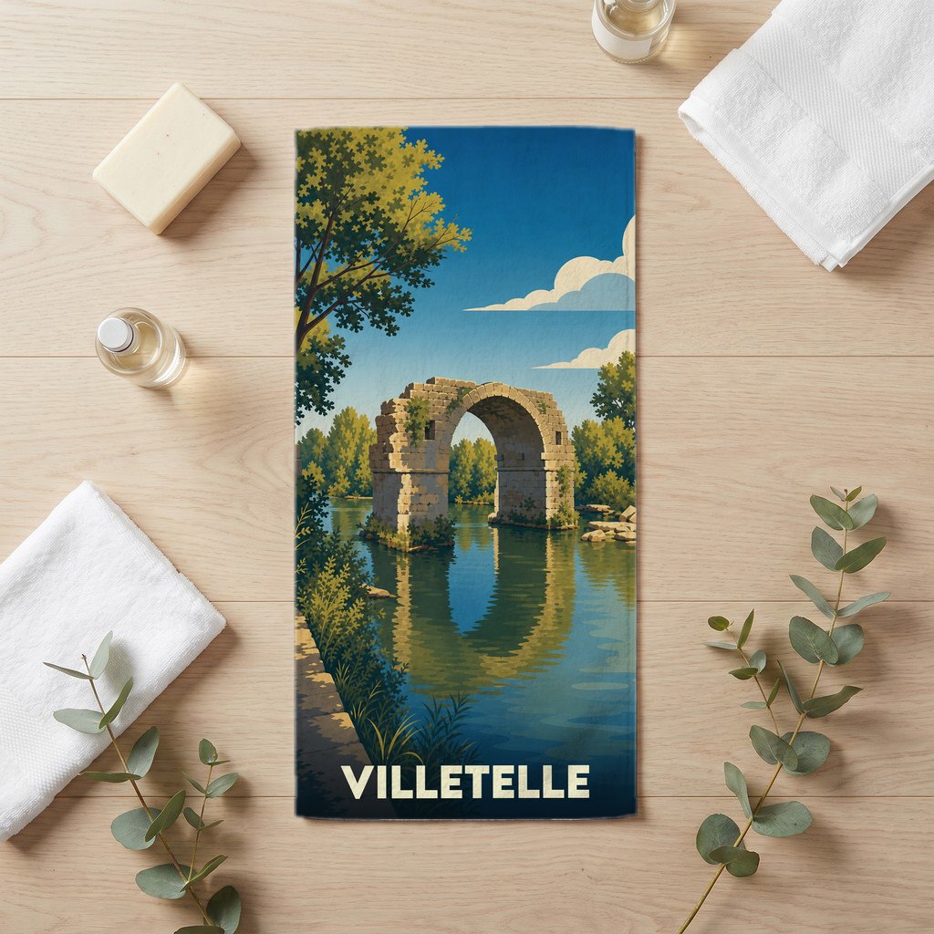 Serviette de bain souvenir de la ville de Villetelle avec une illustration stylisée d'un pont romain au bord de l'eau.