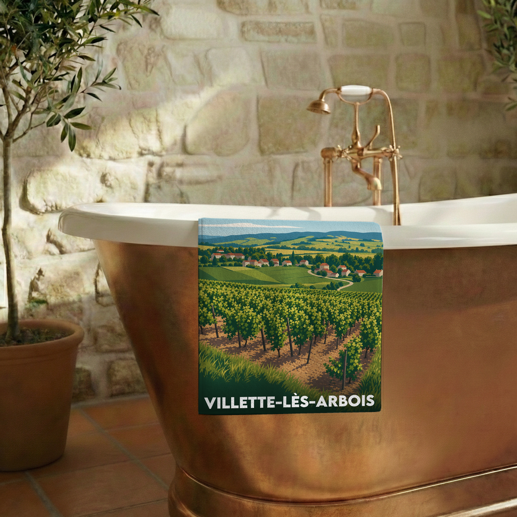 Serviette de bain souvenir de la ville de Villette-lès-Arbois avec une illustration stylisée de vignobles.