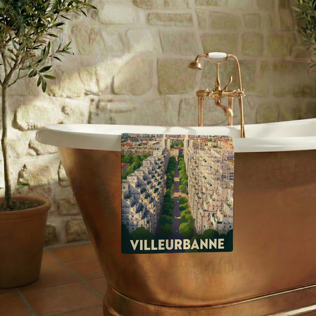 Serviette de bain souvenir de la ville de Villeurbanne avec une illustration stylisée.