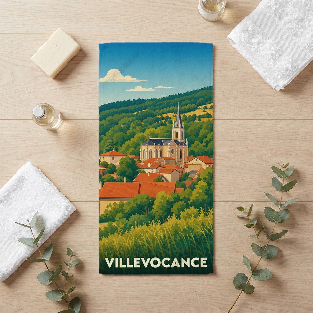 Serviette de bain souvenir de Villevocance illustrée d'un paysage stylisé du village et de son église.