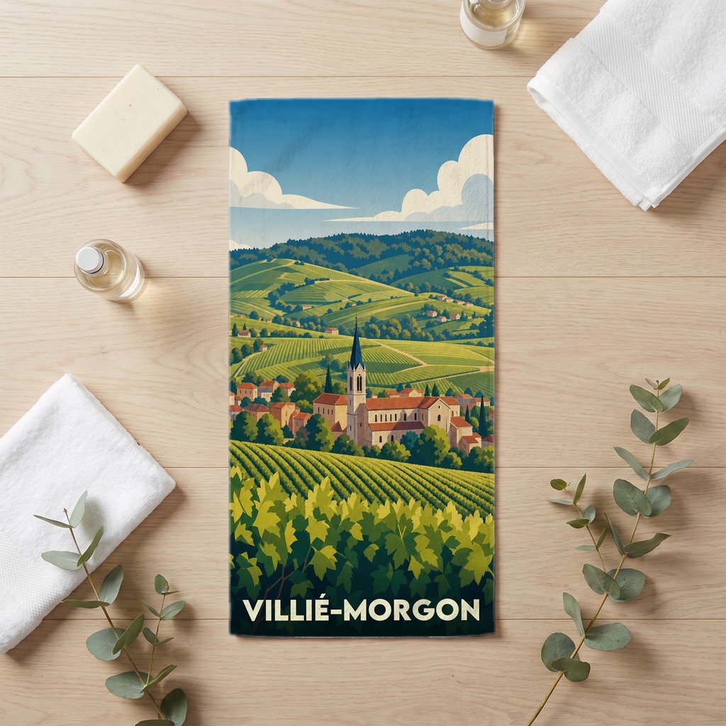 Serviette de bain souvenir de la ville de Villié-Morgon avec une illustration stylisée de ses vignobles.