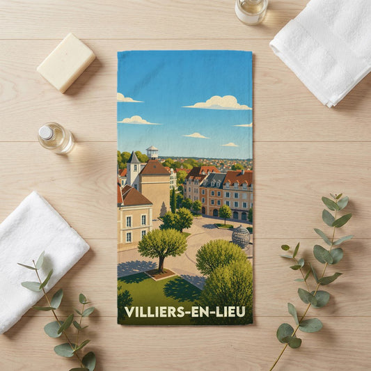 Serviette de bain souvenir de la ville de Villiers-en-Lieu avec une illustration stylisée.