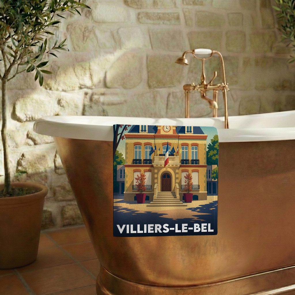 Serviette de bain souvenir de la ville de Villiers-le-Bel avec une illustration stylisée.