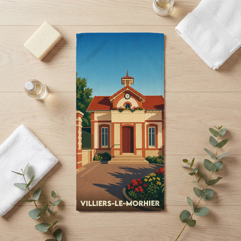 Serviette de bain souvenir de la ville de Villiers-le-Morhier avec une illustration stylisée de sa mairie.