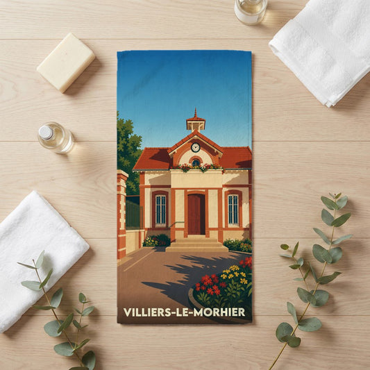 Serviette de bain souvenir de la ville de Villiers-le-Morhier avec une illustration stylisée de sa mairie.