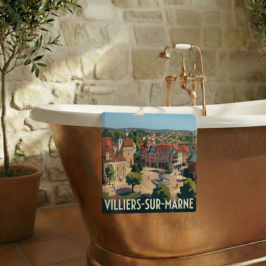 Serviette de bain souvenir de Villiers-sur-Marne avec une illustration stylisée de la ville.