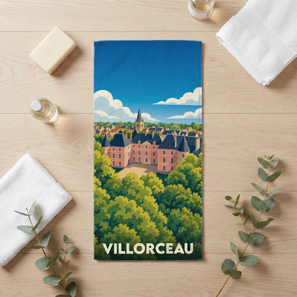 Serviette de bain souvenir de la ville de Villorceau avec une illustration stylisée de son château.