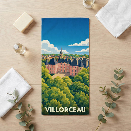 Serviette de bain souvenir de la ville de Villorceau avec une illustration stylisée de son château.