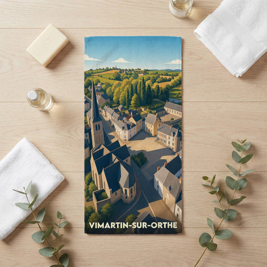 Serviette de bain souvenir de la ville de Vimartin-sur-Orthe avec une illustration stylisée d'un village français.
