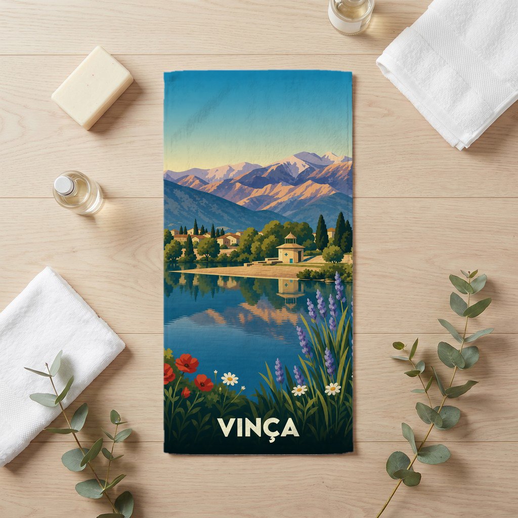 Serviette de bain souvenir de la ville de Vinça avec une illustration stylisée de son lac et des montagnes.