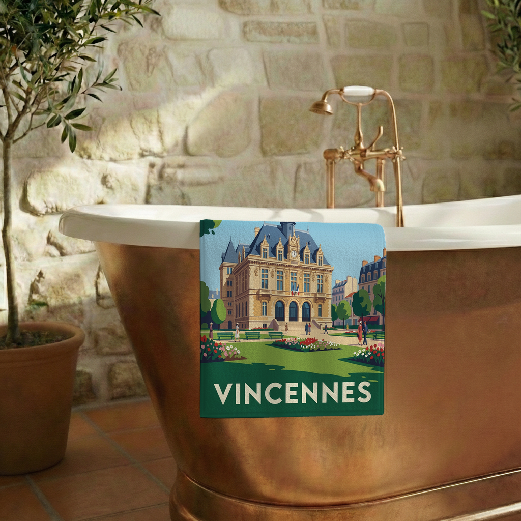 Serviette de bain souvenir de la ville de Vincennes avec une illustration stylisée.