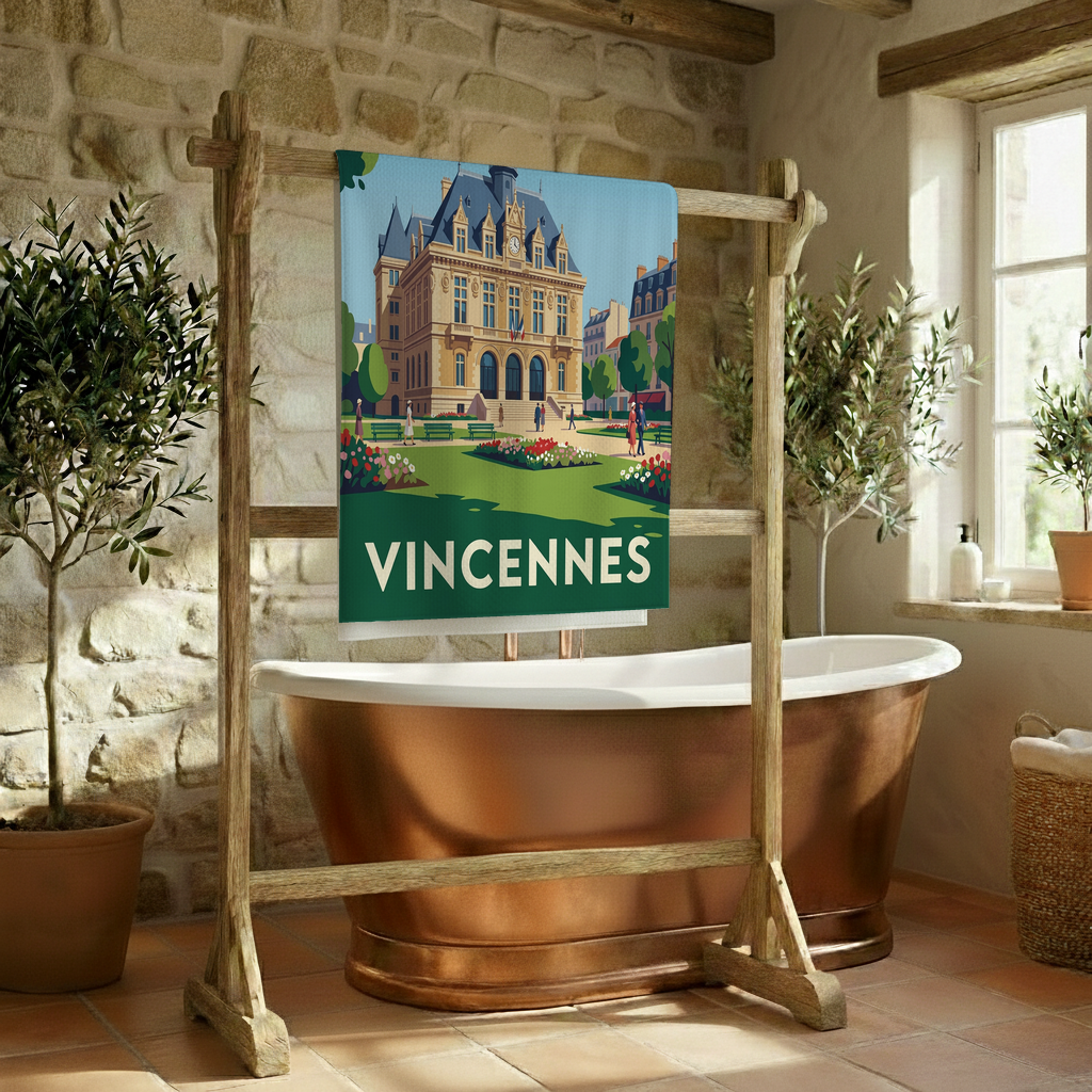 Serviette de bain souvenir de la ville de Vincennes avec une illustration stylisée.