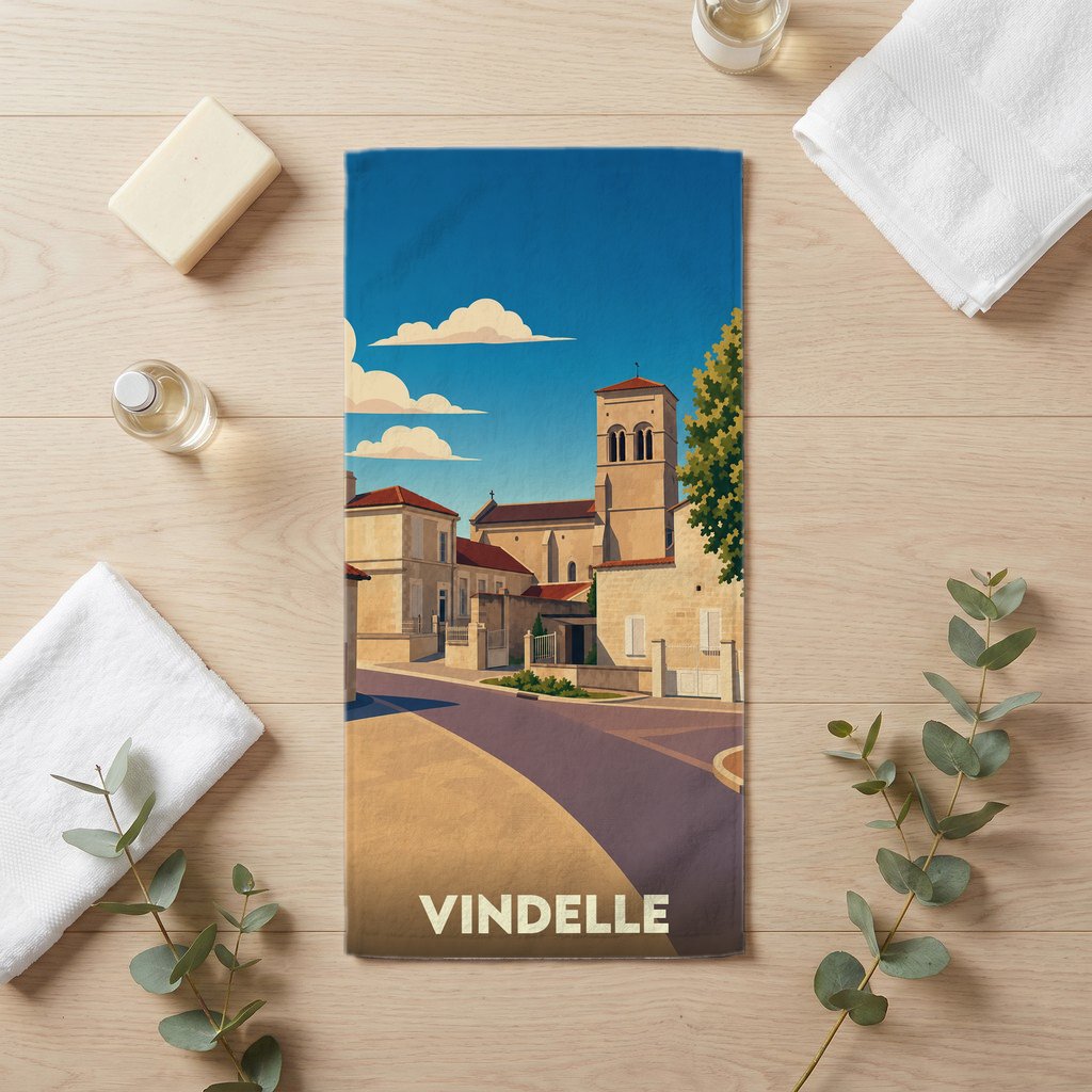 Serviette de bain souvenir de la ville de Vindelle avec une illustration stylisée.
