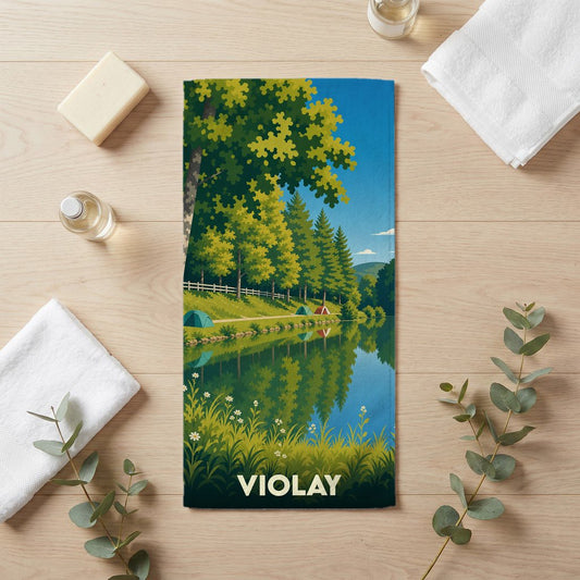 Serviette de bain souvenir de la ville de Violay avec une illustration de paysage naturel.