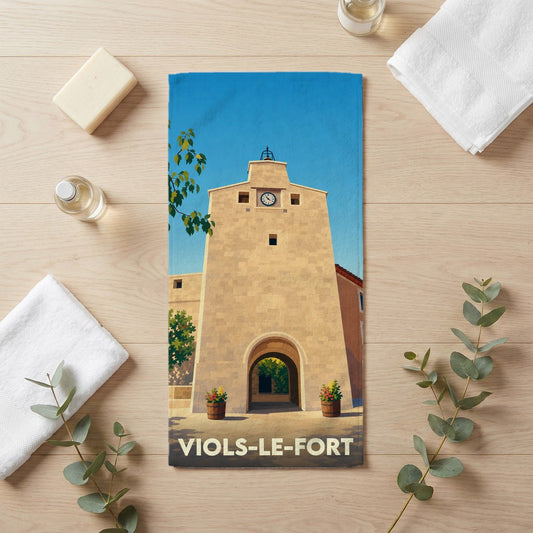 Serviette de bain souvenir de la ville de Viols-le-Fort avec une illustration stylisée de sa tour de l'horloge.