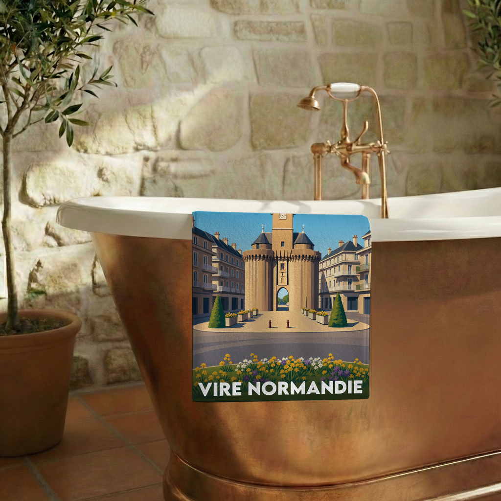 Serviette de bain souvenir de la ville de Vire Normandie avec une illustration stylisée.