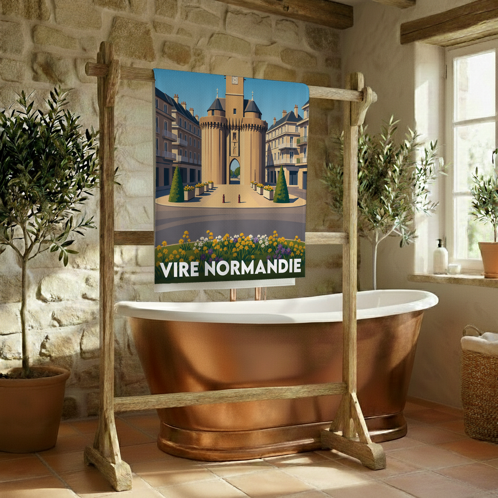 Serviette de bain souvenir de la ville de Vire Normandie avec une illustration stylisée.