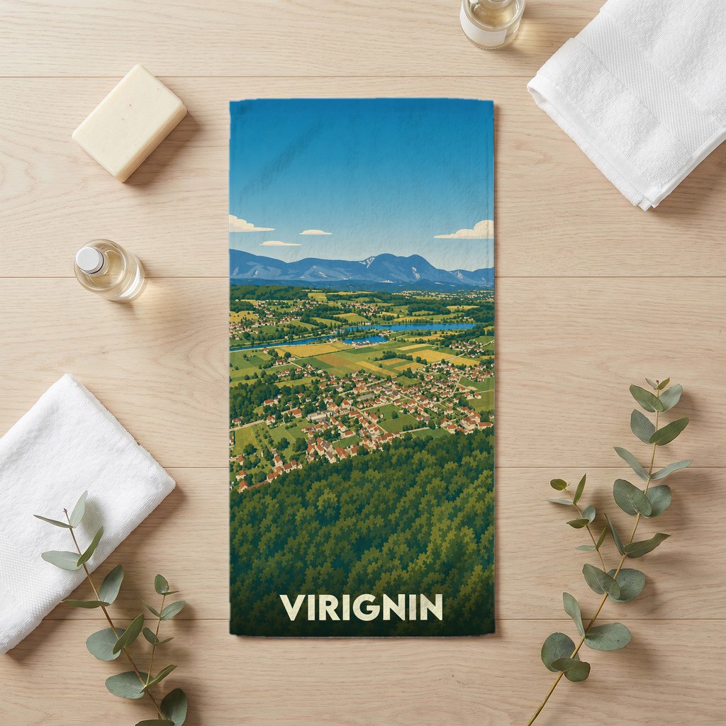 Serviette de bain souvenir de la ville de Virignin avec une illustration de paysage stylisée.