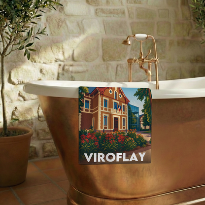Serviette de bain souvenir de la ville de Viroflay avec une illustration stylisée.