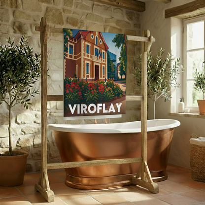 Serviette de bain souvenir de la ville de Viroflay avec une illustration stylisée de son architecture.