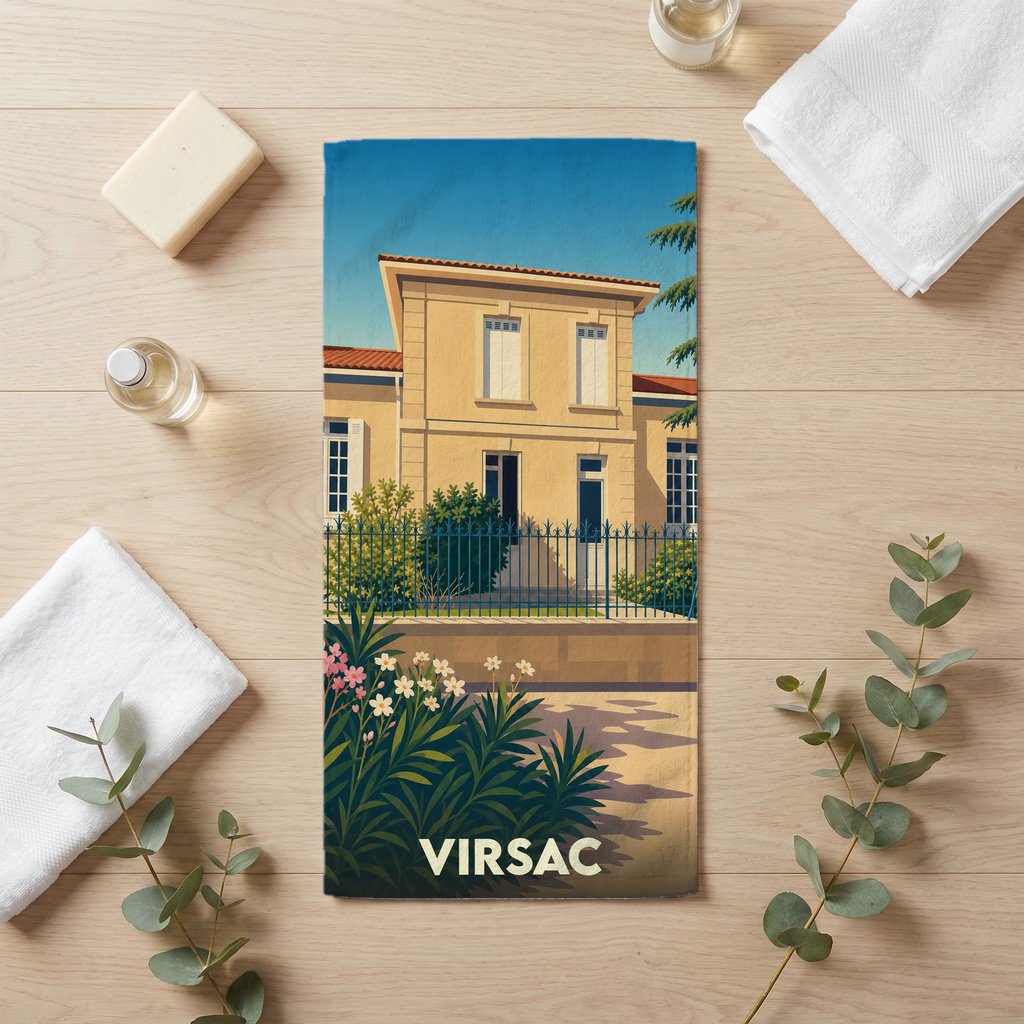 Serviette de bain souvenir de la ville de Virsac avec une illustration stylisée d'une maison de maître.
