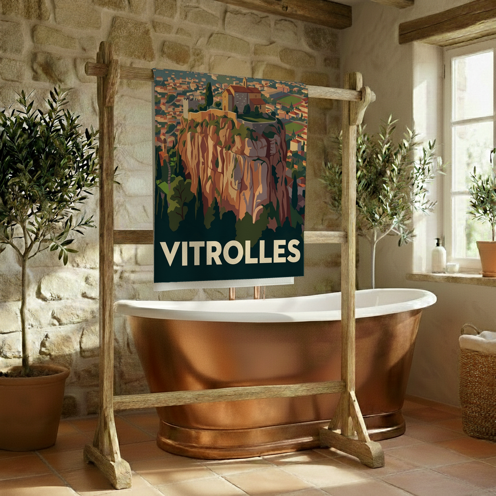Serviette de bain souvenir de la ville de Vitrolles avec une illustration stylisée.