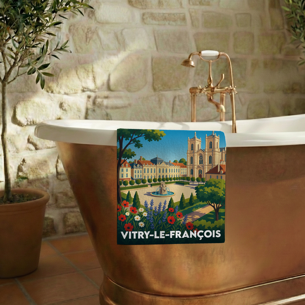 Serviette de bain souvenir de la ville de Vitry-le-François avec une illustration stylisée de son architecture.