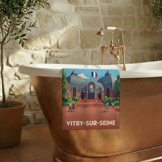 Serviette de bain souvenir de la ville de Vitry-sur-Seine avec une illustration stylisée.