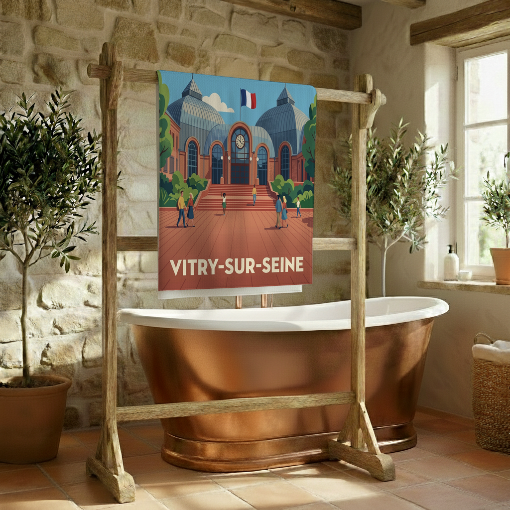 Serviette de bain souvenir de la ville de Vitry-sur-Seine avec une illustration stylisée.