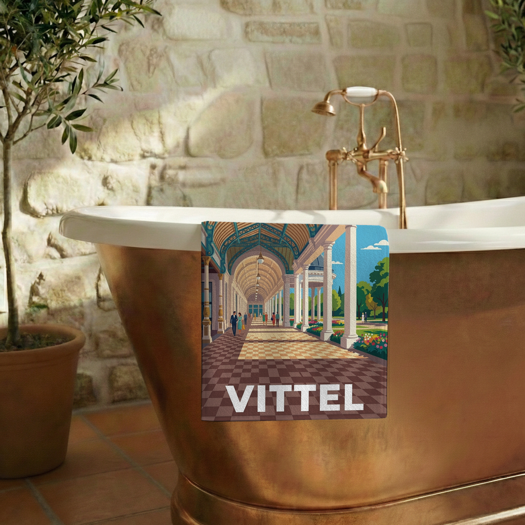 Serviette de bain souvenir de la ville de Vittel avec une illustration stylisée.