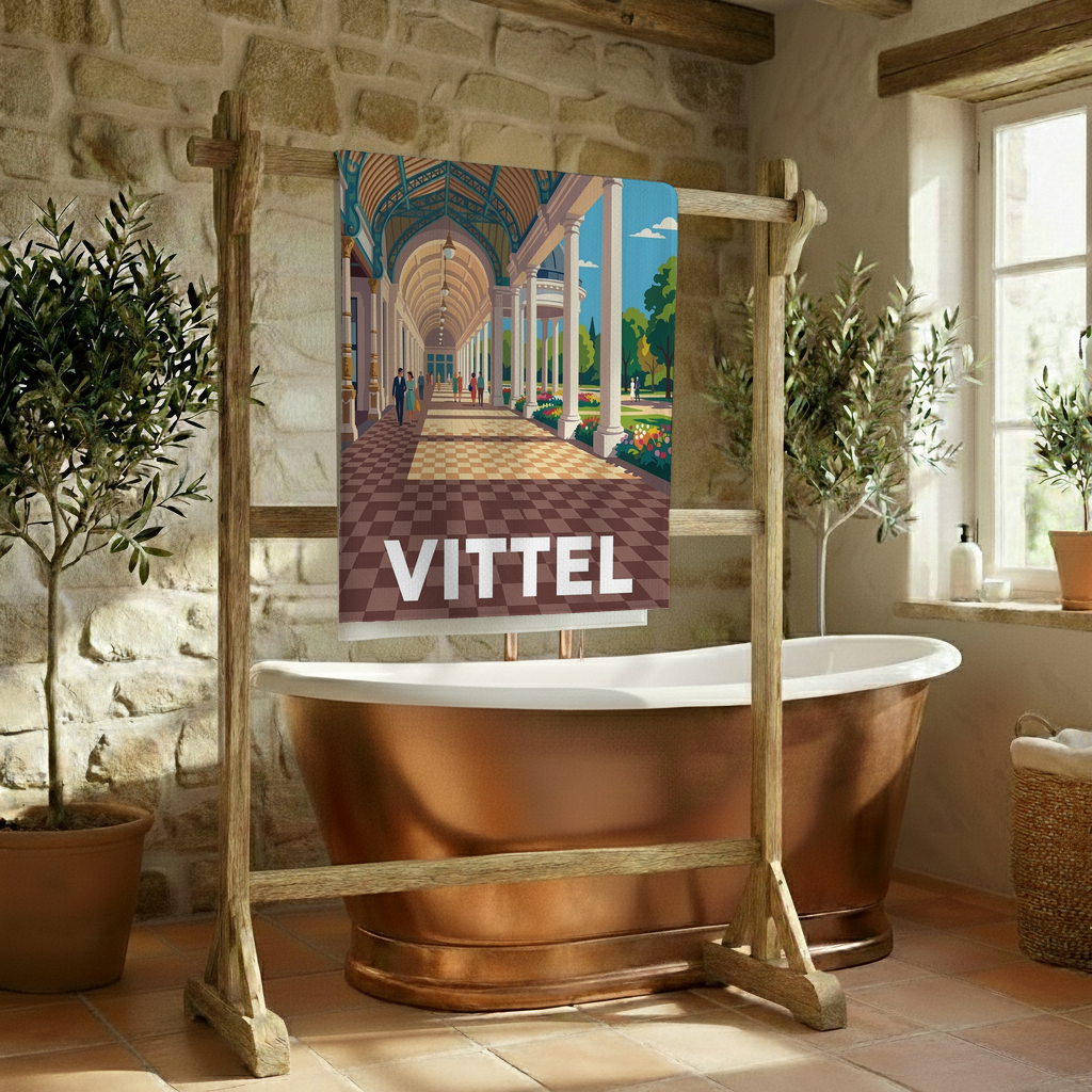 Serviette de bain souvenir de la ville de Vittel avec une illustration stylisée de son architecture thermale.