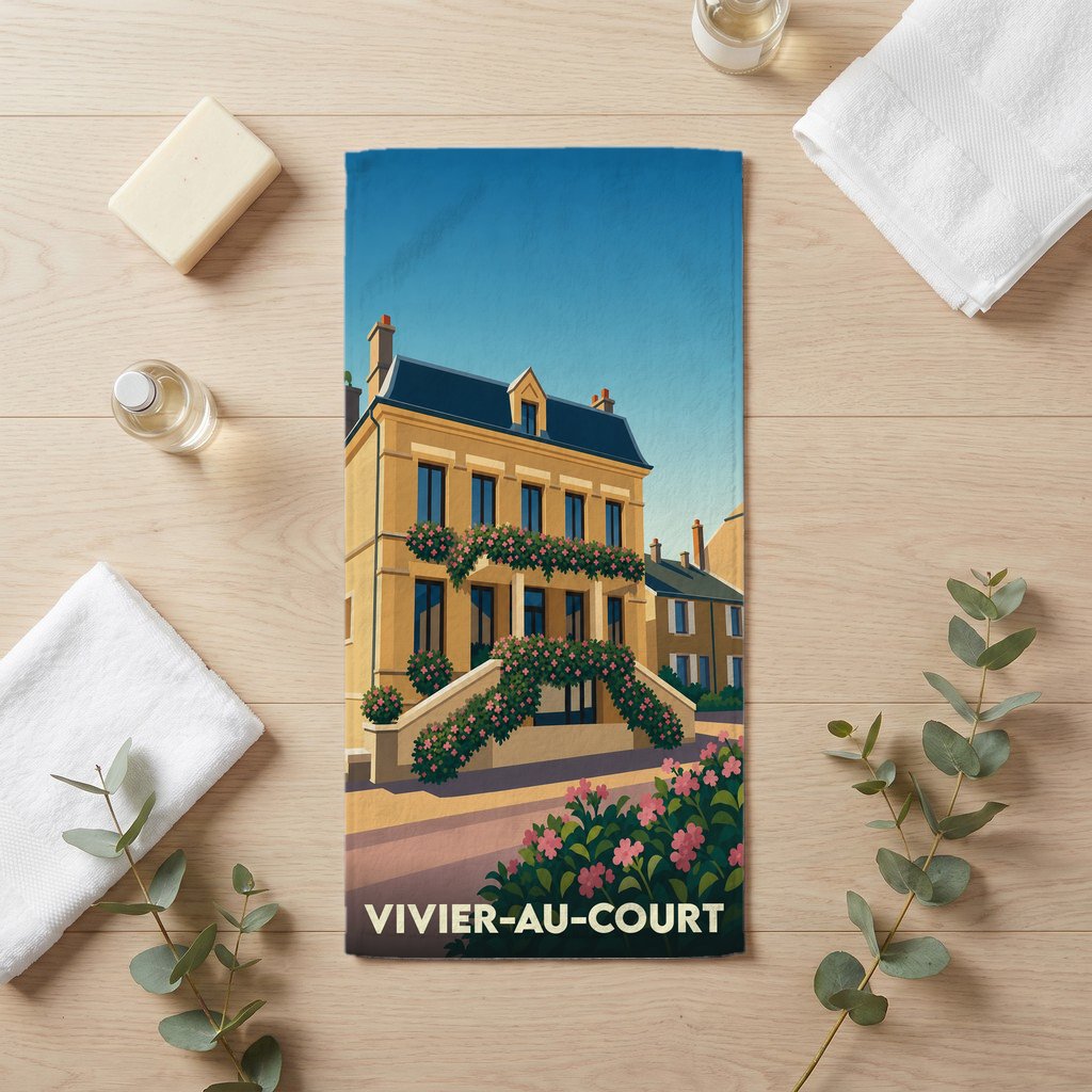 Serviette de bain souvenir de la ville de Vivier-au-Court avec une illustration stylisée.