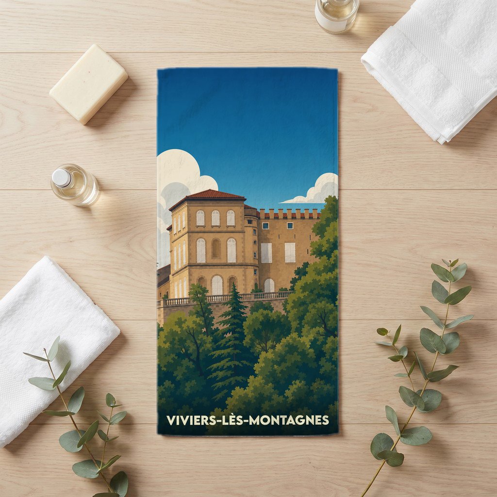 Serviette de bain souvenir de la ville de Viviers-lès-Montagnes avec une illustration stylisée.