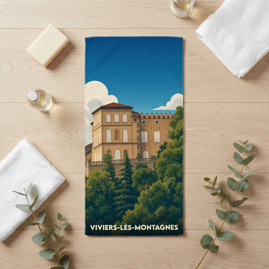 Serviette de bain souvenir de la ville de Viviers-lès-Montagnes avec une illustration stylisée.