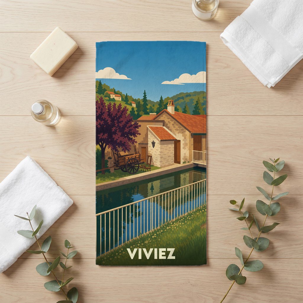 Serviette de bain souvenir de la ville de Viviez avec une illustration stylisée de paysage.
