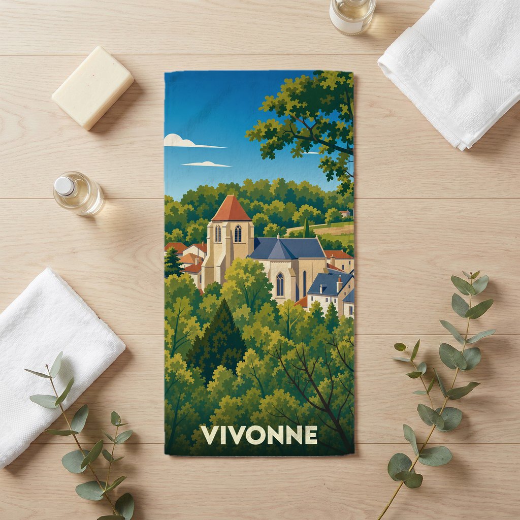 Serviette de bain souvenir de la ville de Vivonne avec une illustration stylisée.