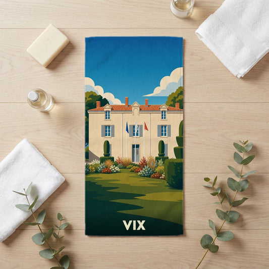 Serviette de bain souvenir de la ville de Vix avec une illustration stylisée d'une bâtisse et de son jardin.