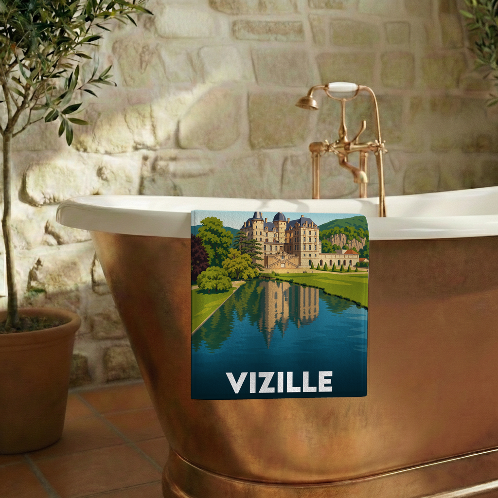 Serviette de bain souvenir de la ville de Vizille avec une illustration stylisée de son château.