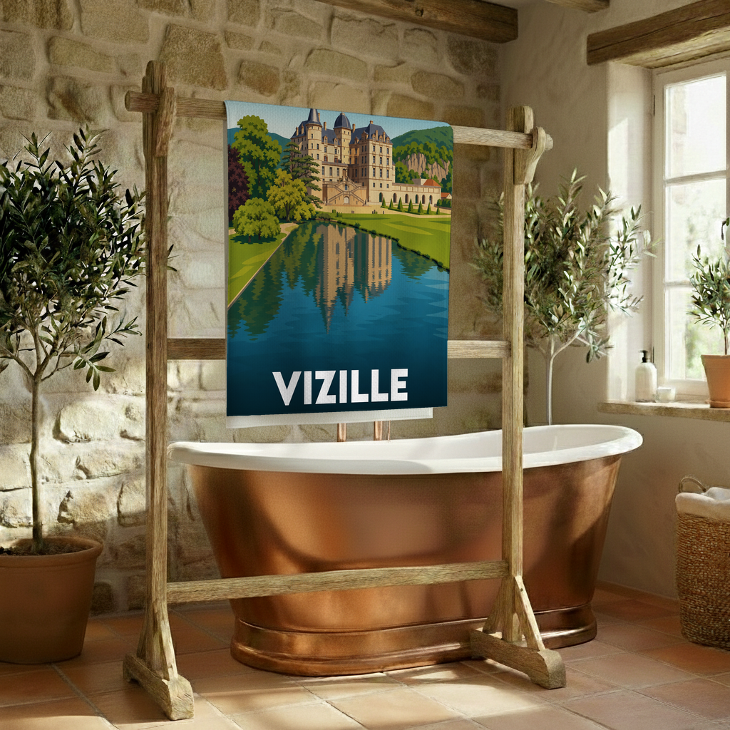 Serviette de bain souvenir de la ville de Vizille avec une illustration stylisée.