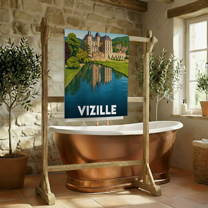 Serviette de bain souvenir de la ville de Vizille avec une illustration stylisée.