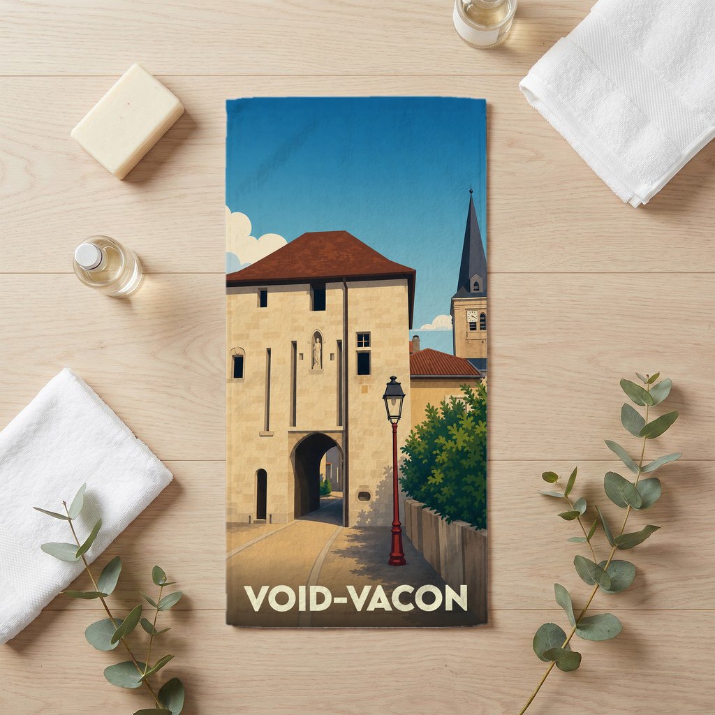 Serviette de bain souvenir de la ville de Void-Vacon avec une illustration stylisée.