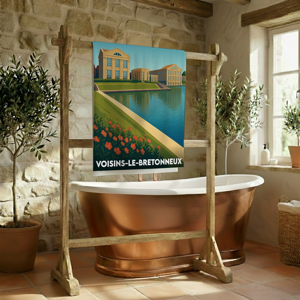 Serviette de bain souvenir de la ville de Voisins-le-Bretonneux illustrée d'un paysage architectural stylisé au bord de l'eau.