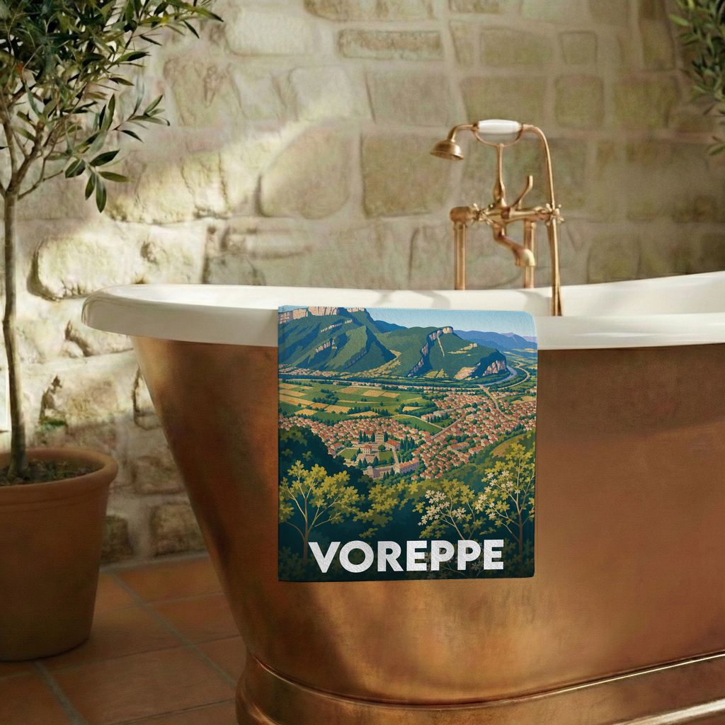 Serviette de bain souvenir de la ville de Voreppe avec une illustration de paysage stylisée.